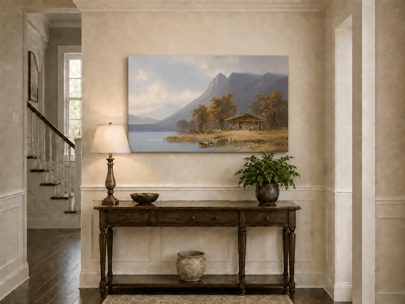 Landscape Oil Painting - Mountain Lakeside Cabin Figures, Boats