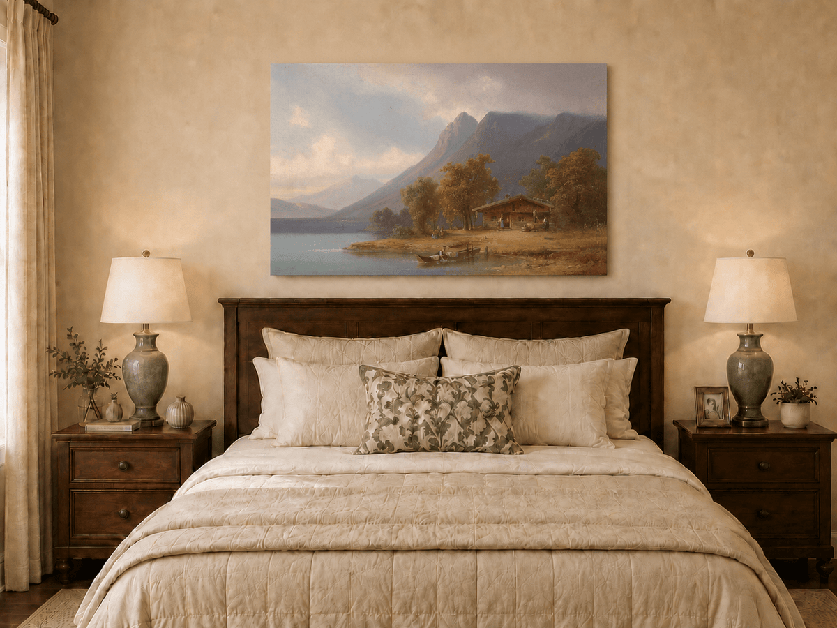 Landscape Oil Painting - Mountain Lakeside Cabin Figures, Boats