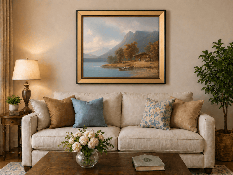 Landscape Oil Painting - Mountain Lakeside Cabin Figures, Boats
