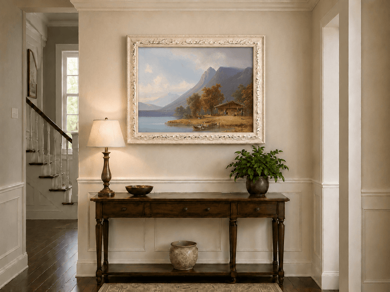 Landscape Oil Painting - Mountain Lakeside Cabin Figures, Boats