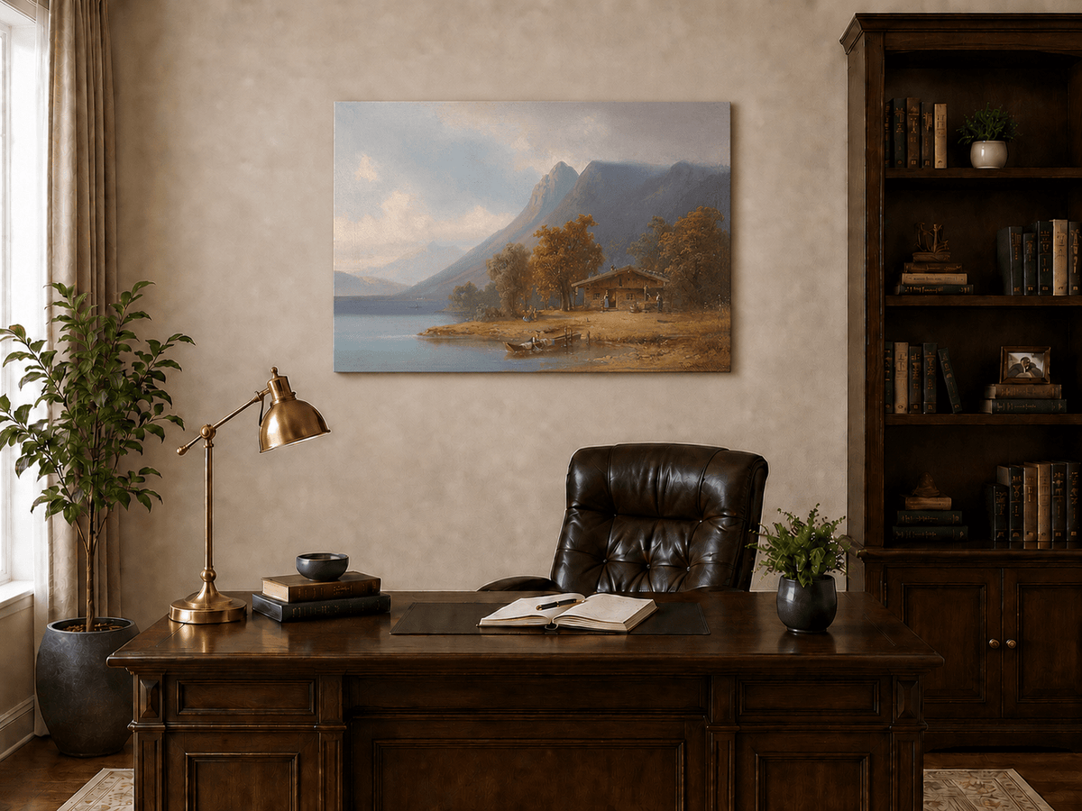 Landscape Oil Painting - Mountain Lakeside Cabin Figures, Boats