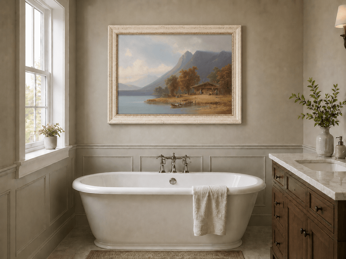 Landscape Oil Painting - Mountain Lakeside Cabin Figures, Boats
