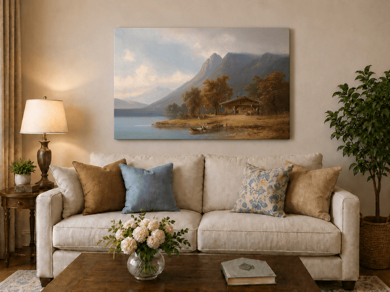 Landscape Oil Painting - Mountain Lakeside Cabin Figures, Boats