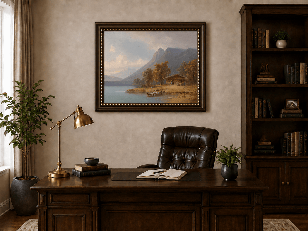 Landscape Oil Painting - Mountain Lakeside Cabin Figures, Boats