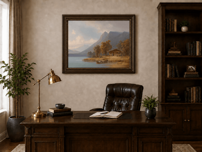 Landscape Oil Painting - Mountain Lakeside Cabin Figures, Boats