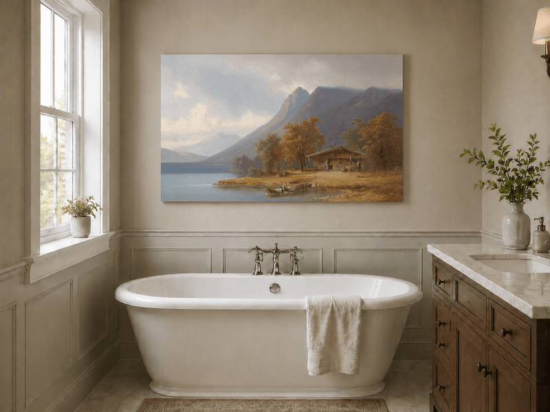Landscape Oil Painting - Mountain Lakeside Cabin Figures, Boats
