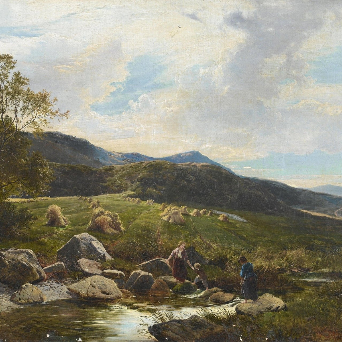 Hand-painted mountain meadow stream with figures landscape oil painting on canvas