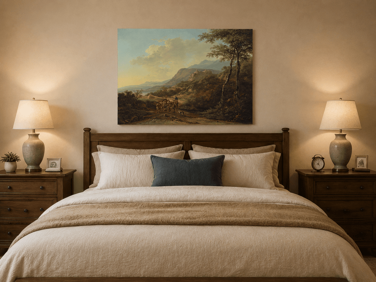 Mountain pass and ruins oil painting displayed as landscape wall decor.