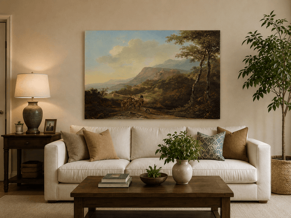 Mountain pass travelers and ruins hand-painted oil artwork displayed in a second interior view.