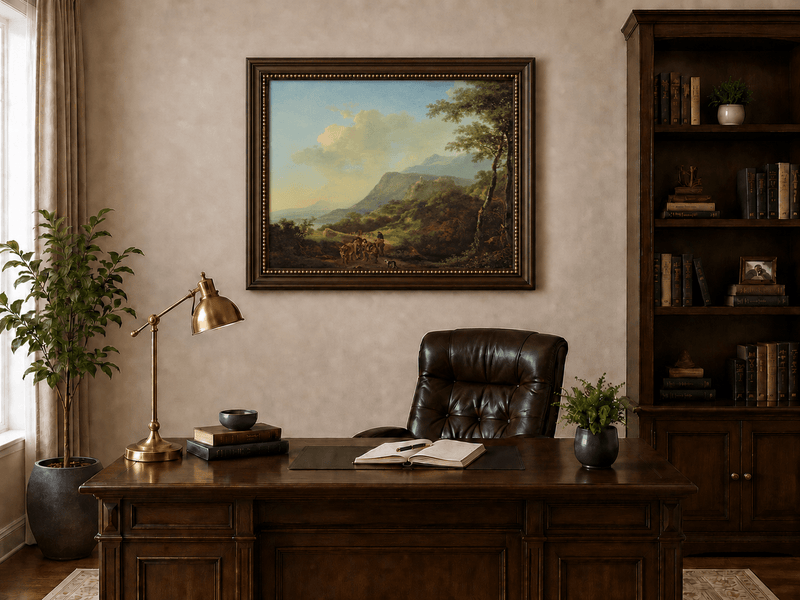Mountain pass landscape with travelers and ruins oil painting presented in an interior wall art mockup.