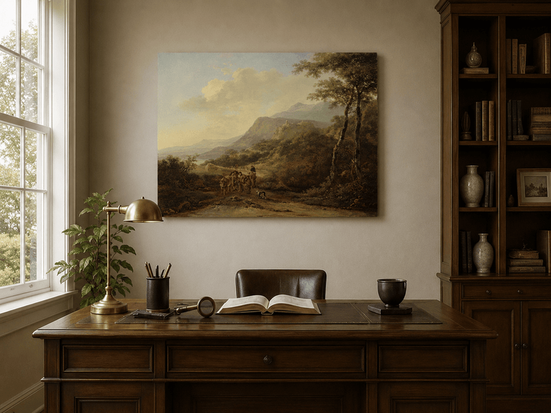 Interior wall art view featuring a mountain pass with travelers and ruins oil painting.