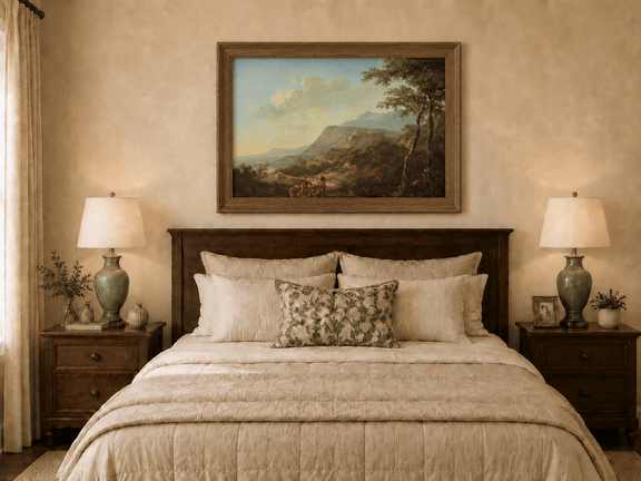 Hand-painted mountain pass with travelers and ruins displayed as decorative wall art.