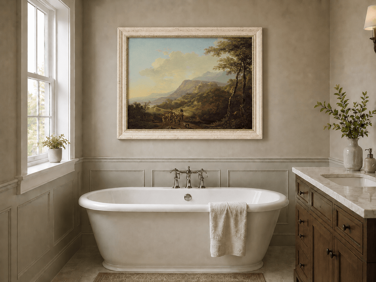 Mountain pass with ruins landscape oil painting presented as interior home decor.