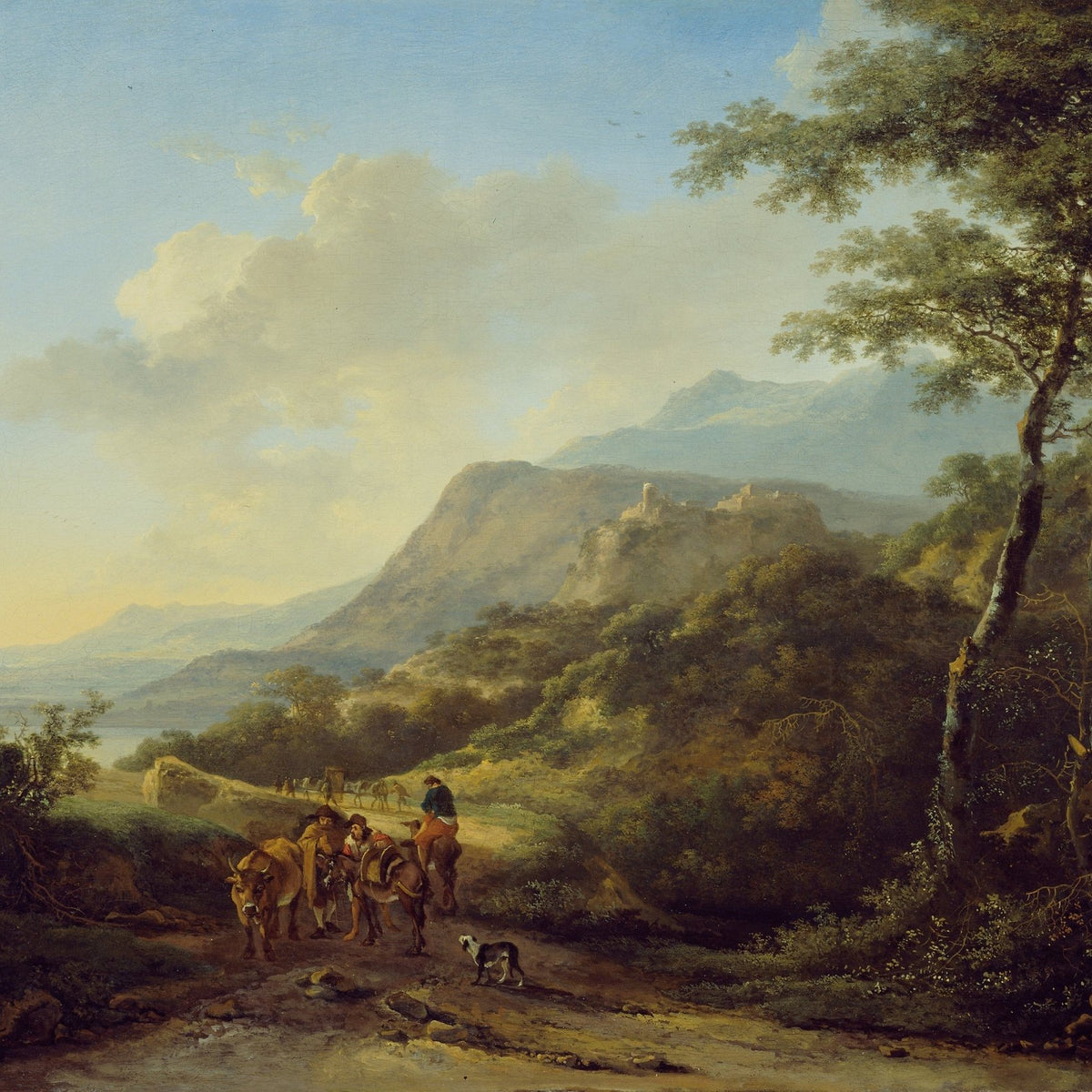 Hand-painted mountain pass with travelers and ruins landscape oil painting on canvas