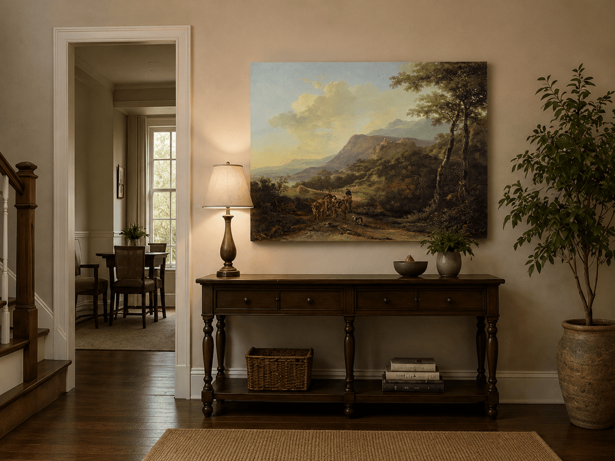 Mountain pass landscape painting shown as decorative oil wall art.