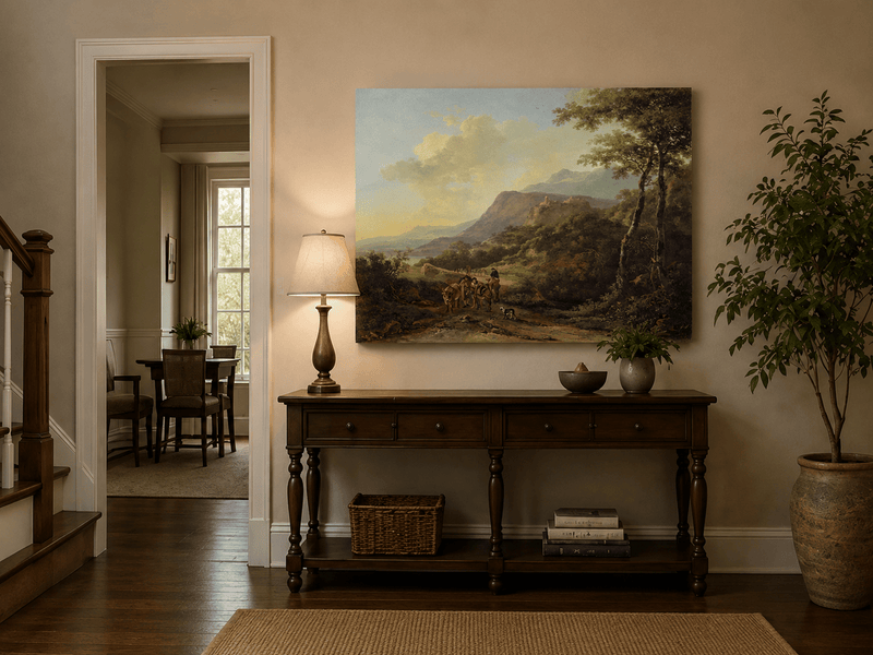 Mountain pass landscape painting shown as decorative oil wall art.