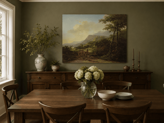Hand-painted mountain pass with travelers landscape artwork in an interior display.
