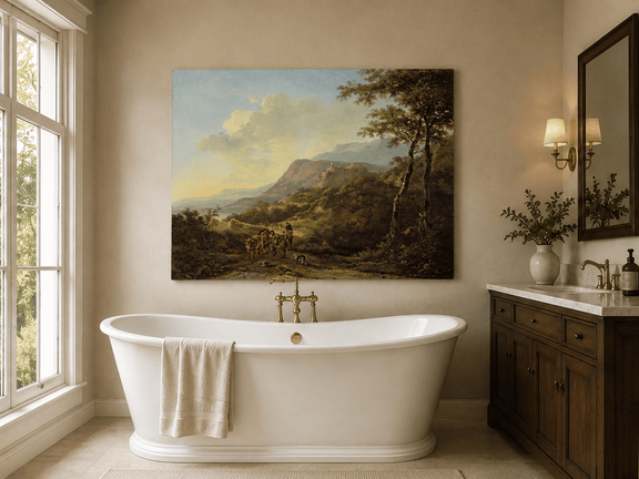 Mountain pass with travelers and ruins landscape oil painting presented as styled home decor.