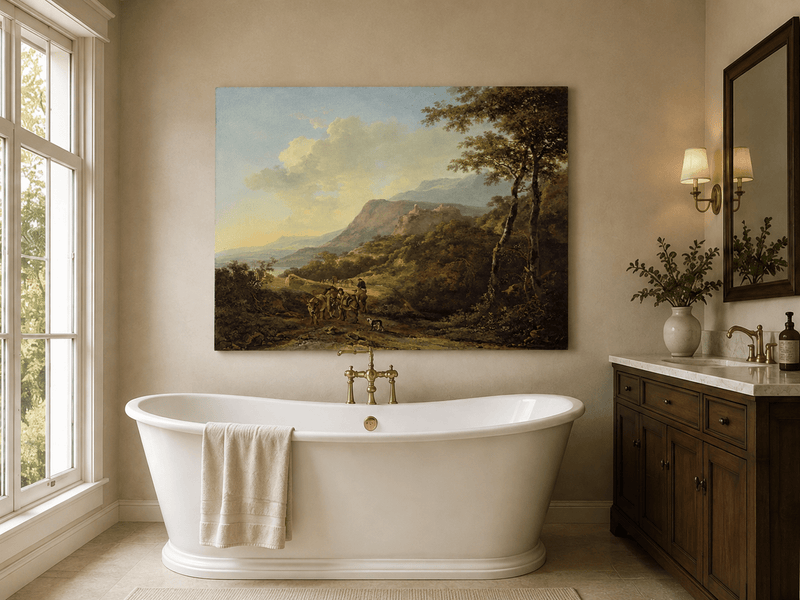 Mountain pass with travelers and ruins landscape oil painting presented as styled home decor.