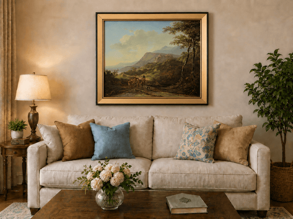 Mountain pass with travelers and ruins landscape oil painting displayed in a styled home interior.