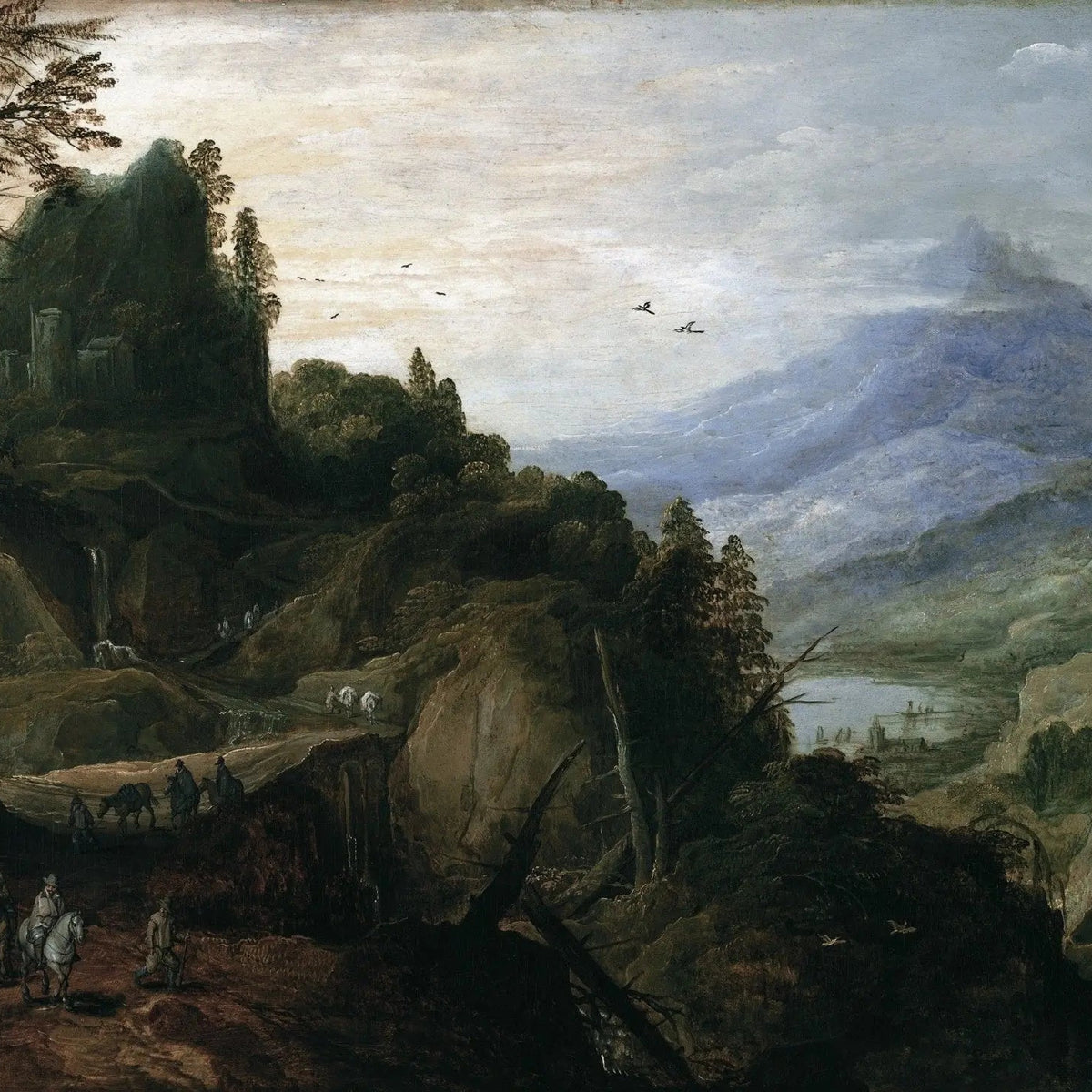 Landscape Oil Painting - Mountain Pass with Travelers & Castle - Oil Painting Haven