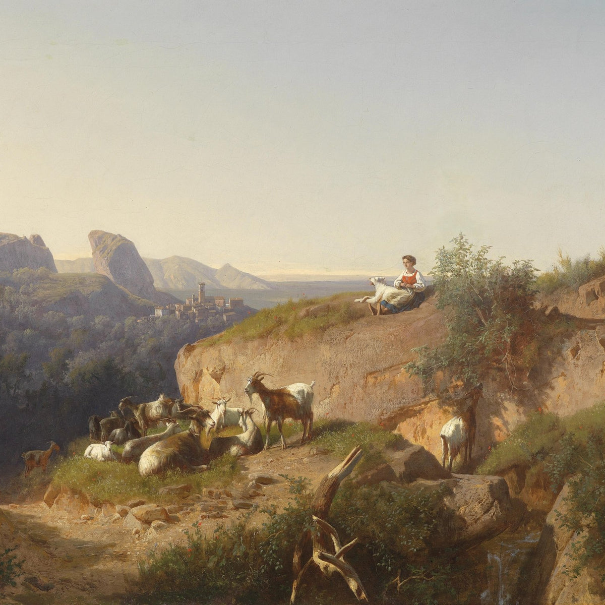 Landscape Oil Painting - Mountain Pastoral & Shepherdess, Goats, Town - Oil Painting Haven