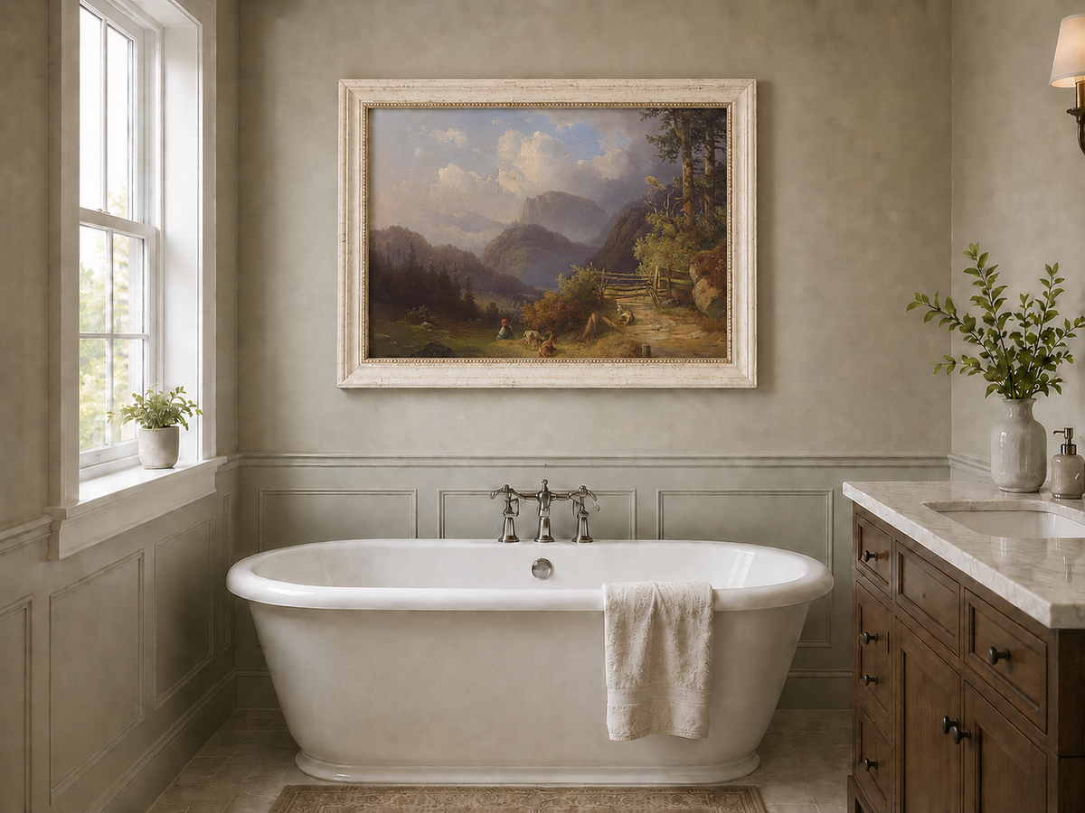 Hand-painted mountain path with goats, a figure and wooden gate landscape oil painting displayed in a bathroom interior above a bathtub.