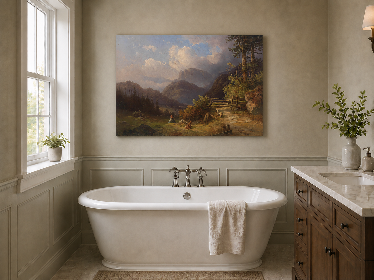 Hand-painted mountain path with goats, a figure and wooden gate landscape oil painting displayed in a bathroom interior above a bathtub.