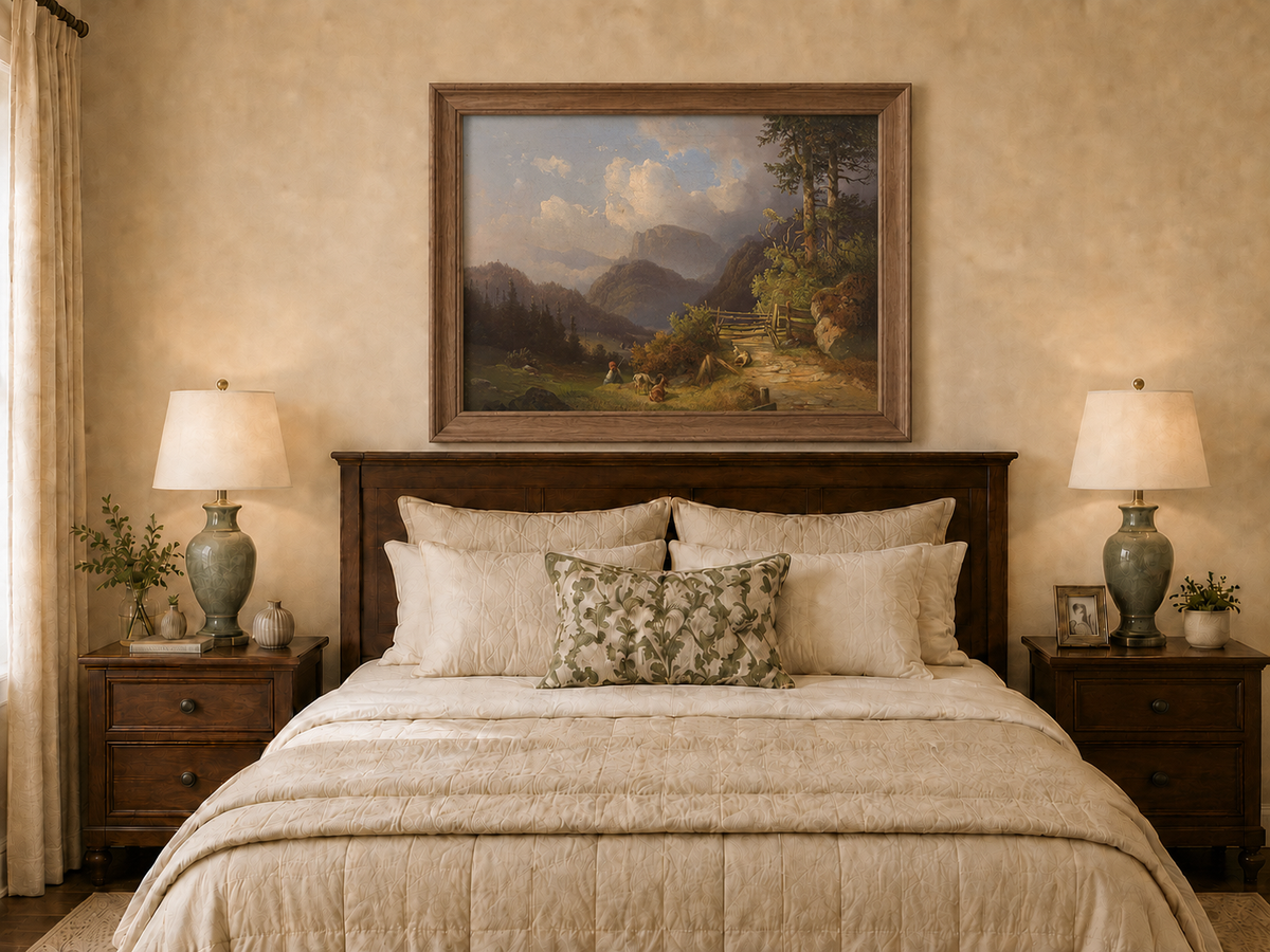 Hand-painted mountain path with goats, a figure and wooden gate landscape oil painting displayed above a bed in a bedroom interior.