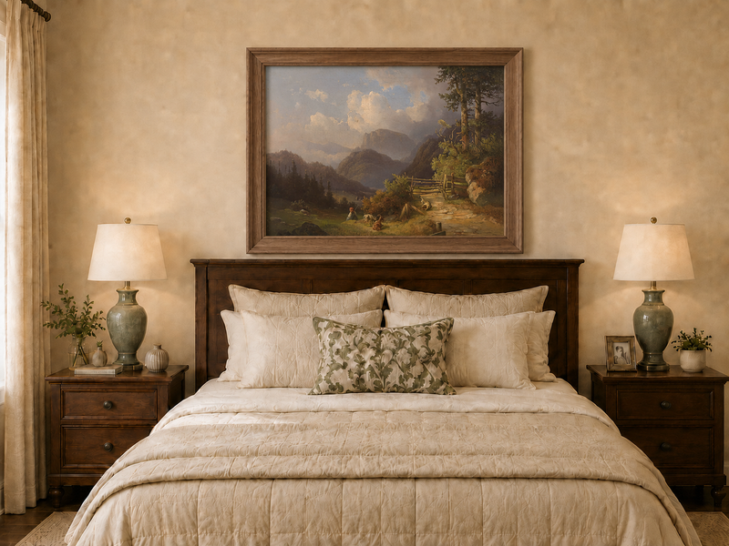 Hand-painted mountain path with goats, a figure and wooden gate landscape oil painting displayed above a bed in a bedroom interior.