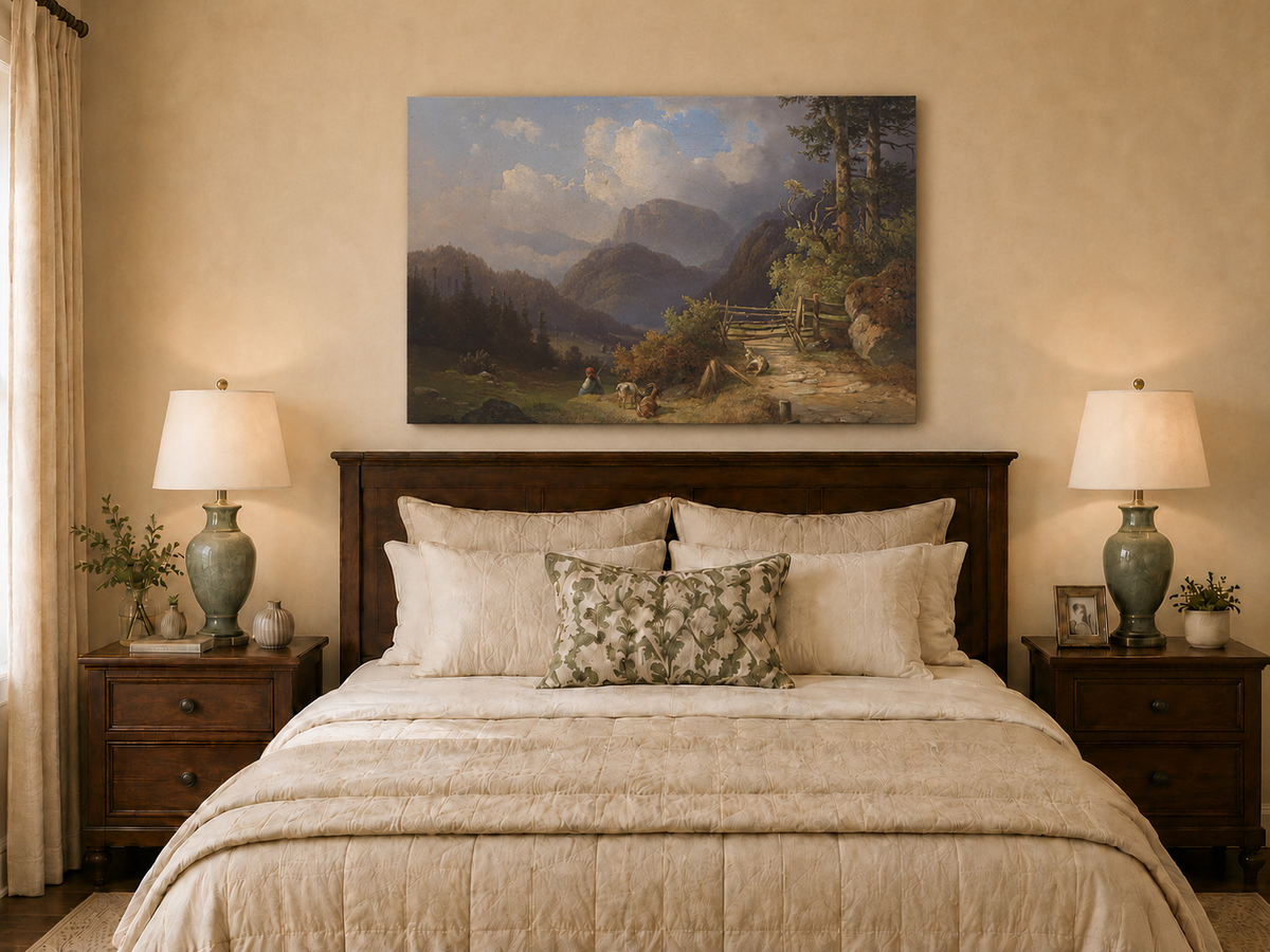 Hand-painted mountain path with goats, a figure and wooden gate landscape oil painting displayed above a bed in a bedroom interior.