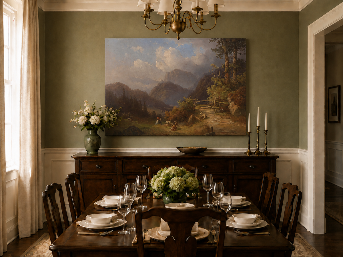 Hand-painted mountain path with goats, a figure and wooden gate landscape oil painting displayed in a dining room interior.