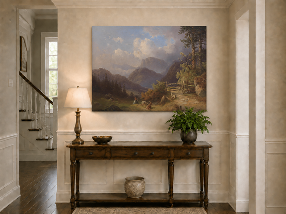 Hand-painted mountain path with goats, a figure and wooden gate landscape oil painting displayed above a console table in a hallway interior.