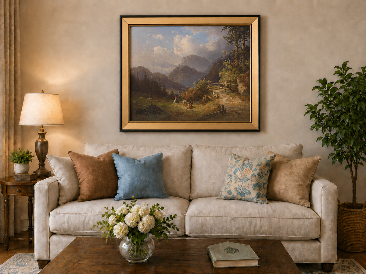 Hand-painted mountain path with goats, a figure and wooden gate landscape oil painting displayed above a sofa in a living room interior.