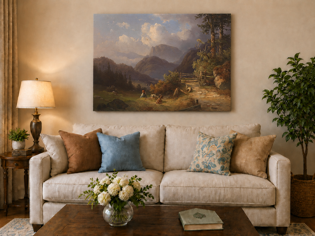 Hand-painted mountain path with goats, a figure and wooden gate landscape oil painting displayed above a sofa in a living room interior.