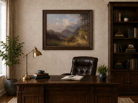 Hand-painted mountain path with goats, a figure and wooden gate landscape oil painting displayed above a desk in a home office interior.