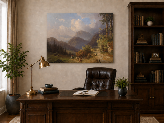 Hand-painted mountain path with goats, a figure and wooden gate landscape oil painting displayed above a desk in a home office interior.