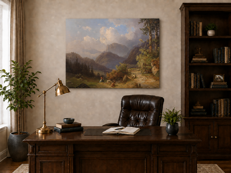 Hand-painted mountain path with goats, a figure and wooden gate landscape oil painting displayed above a desk in a home office interior.