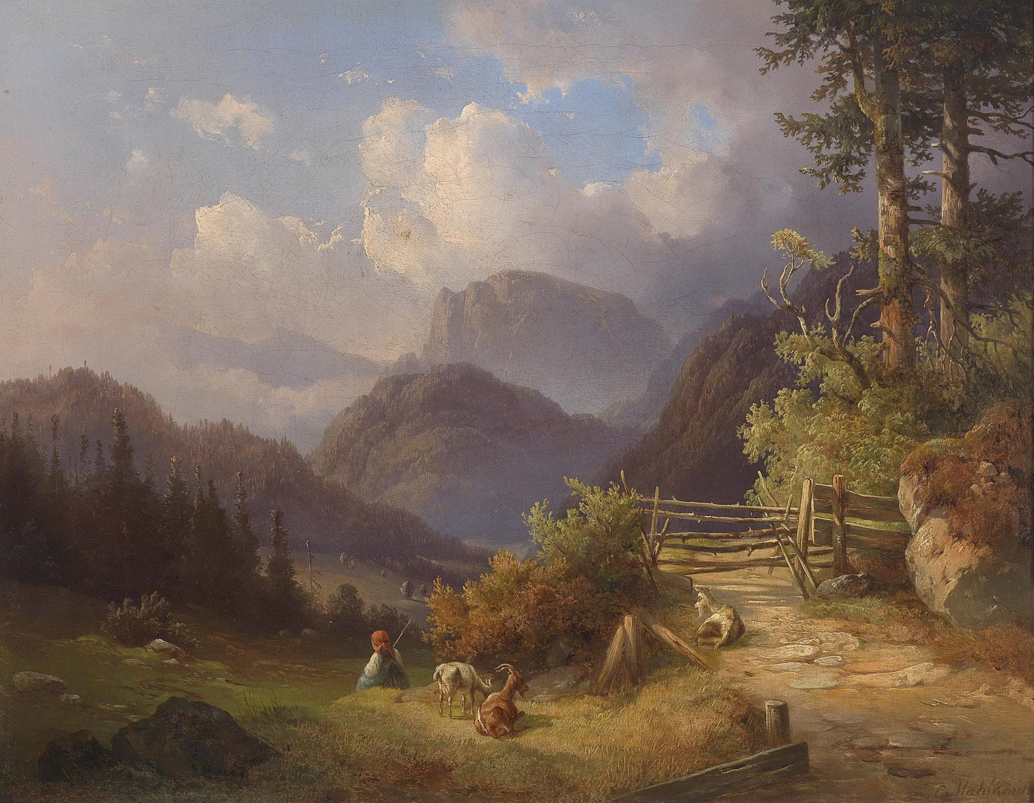 Landscape Oil Painting - Mountain Path: Goats, Figure & Wooden Gate - Oil Painting Haven