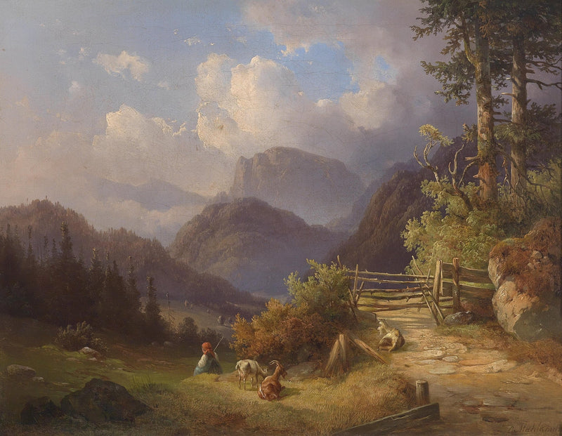 Landscape Oil Painting - Mountain Path: Goats, Figure & Wooden Gate - Oil Painting Haven