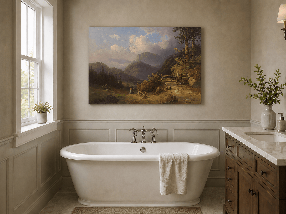 Hand-painted mountain path with goats, a figure and wooden gate landscape oil painting displayed in a bathroom interior above a bathtub.
