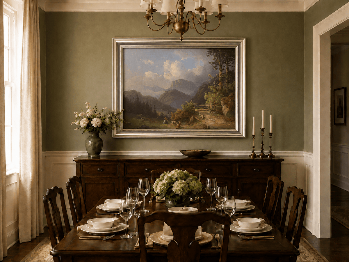 Hand-painted mountain path with goats, a figure and wooden gate landscape oil painting displayed in a dining room interior.