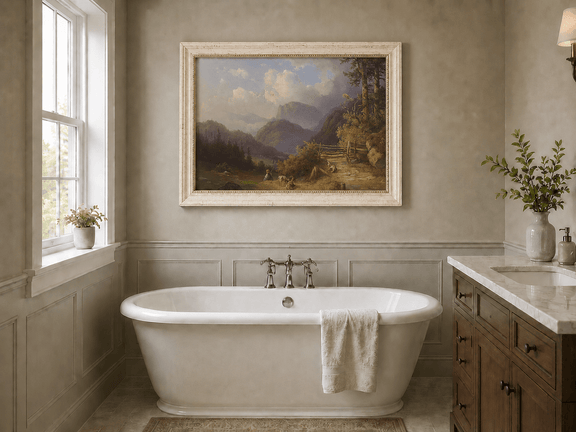 Hand-painted mountain path with goats, a figure and wooden gate landscape oil painting displayed in a bathroom interior above a bathtub.