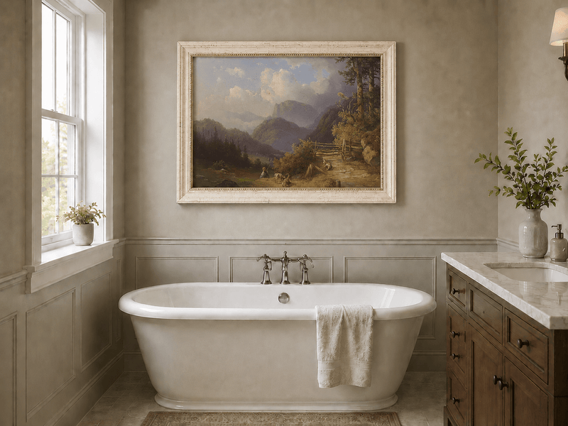 Hand-painted mountain path with goats, a figure and wooden gate landscape oil painting displayed in a bathroom interior above a bathtub.