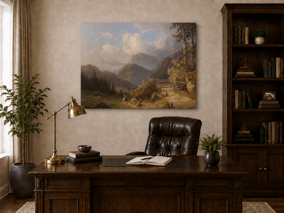 Hand-painted mountain path with goats, a figure and wooden gate landscape oil painting displayed above a desk in a home office interior.