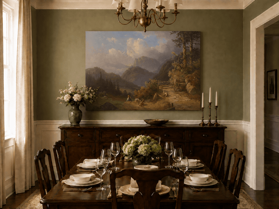 Hand-painted mountain path with goats, a figure and wooden gate landscape oil painting displayed in a dining room interior.