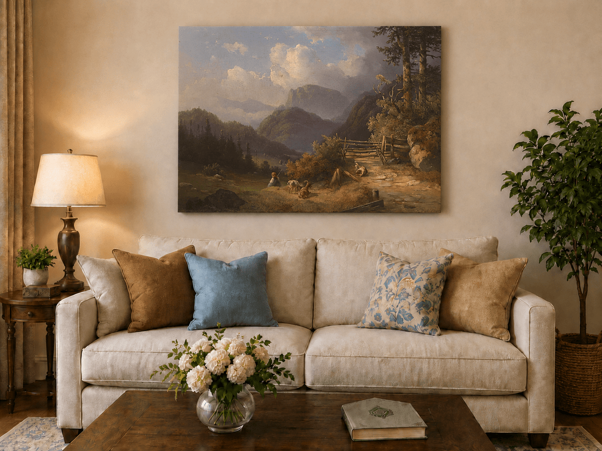 Hand-painted mountain path with goats, a figure and wooden gate landscape oil painting displayed above a sofa in a living room interior.