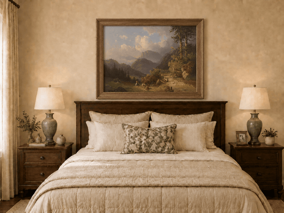 Hand-painted mountain path with goats, a figure and wooden gate landscape oil painting displayed above a bed in a bedroom interior.
