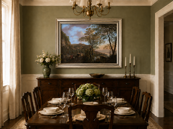 Mountain path and horseback figures oil landscape artwork shown in a styled home interior.