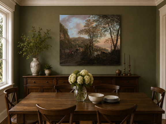 Hand-painted mountain path with figures and horses landscape artwork in an interior display.